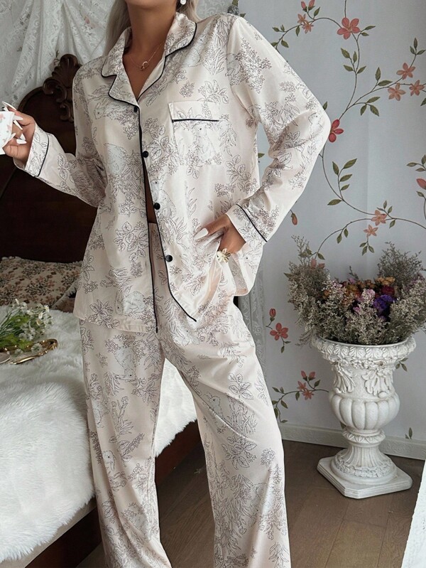 CottageSlumber Floral & Rabbit Print Long Sleeve Pajama Set With Collar For Women Pajama Set Sleep Wear Women 2 Piece Set Lounge Wear Set , Fall Clothes  Cozy And Elegant Details