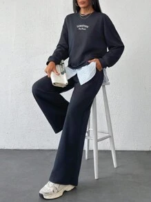 EURMUSE Cotton Fashionable Patchwork Sweatshirt & Sweatpants Set - Navy Blue - View 6