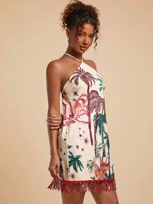 Travachic Váy ngắn tua rua đính cườm họa tiết cây cọ dành cho nữ, đi nghỉ - Nhiều màu - Xem 7