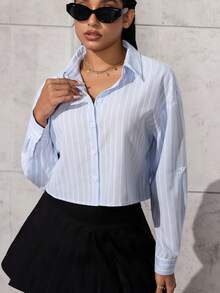Jeanoix Women's Striped Drop Shoulder Casual Front Button Long Sleeve Shirt, Versatile For Summer Fall Cloth For Women - Baby Blue - View 5