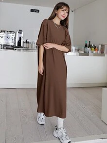 Đầm dài cổ tròn màu trơn dành cho nữ, kiểu dáng đường phố mùa hè. - màu nâu - Xem 3