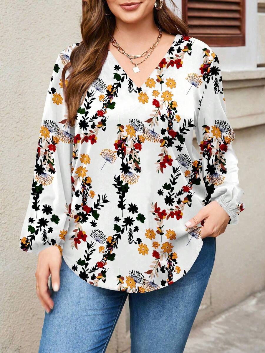 EMERY ROSE Casual Elegant Floral Print Women's Shirt, Suitable For Spring-Autumn, Vacation Autumn And Winter Chic Blouses For Women - Multicolor - View 1