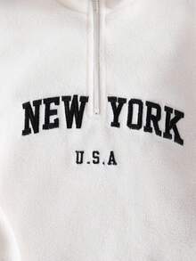 SHEIN 年轻女孩纯色蓬松刺绣立领半拉链休闲连帽衫 - 白色 - 查看 6