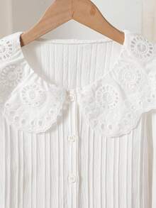 Sparklyn Teen Girls Elegant Embroidered Ruffle Collar Blouse, Puff Sleeve Button Down Striped Casual Princess Shirt, Suitable For Holiday, Travel, Birthday Party, Spring/Autumn Fall Winter