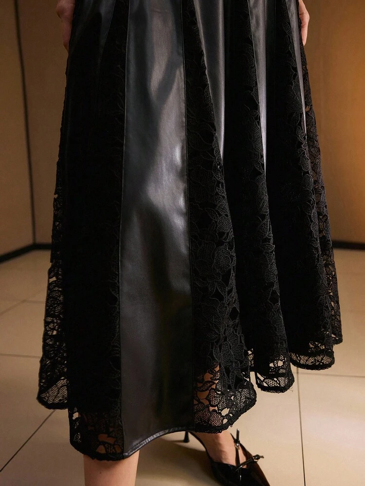 PU LEATHER LACE PANEL FOLD PLEATED SKIRT