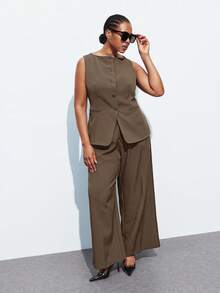 Maija Conjunto de 2 piezas de talla grande: blazer minimalista y pantalón de pierna ancha. Traje de pantalón de talla grande. Conjunto de ropa de lino de talla grande. Pantalón de pierna ancha de talla grande. Chaleco sin mangas de talla grande para otoño/invierno