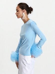 Lumivelle Camiseta corta de mujer para primavera/otoño/invierno, de punto elástico, con puños de malla bordada, de unicolor, ajustada, de cuello redondo, de manga larga, con espalda descubierta, puños exagerados, volantes en los puños, adecuada para banquetes, fiestas de noche, elegante, sexy, romántica, minimalista, casual