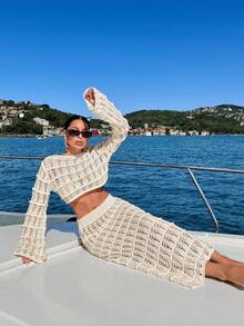 EURMUSE Plus Size Solid Color Hollow-Out Knit Cover Up & Shorts Beach Vacation Set - Beige - View 6