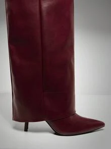SHUZIA 女士时尚舒适折叠过膝高跟靴，带锁扣装饰 - 酒紅色 - 查看 7