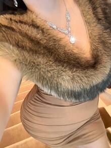 Flirla Party Deep V-Neck Sexy Minimalist Bodycon Waist Cinched High-End Elegant Solid Color Dress - Brown - View 5