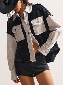 Bohemela Áo khoác dáng rộng cổ bẻ tay dài dệt chắp vá phong cách Boho mùa thu/đông cho nữ - màu đen - Xem 4