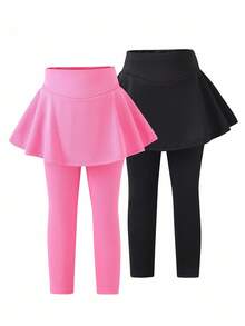 SHEIN Playful Pals 2件套女童芭蕾舞风格纯色裙子和打底裤套装，打底裤配裙子，女童打底裤套装，喇叭打底裤，带裙摆打底裤，少女荷叶边打底裤，黑色/紫红色打底裤，4-7岁喇叭裤套装，2件套女童裤子和上衣，秋冬季 - 彩色 - 查看 3