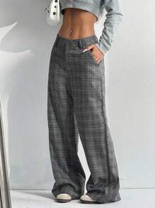 SHEIN PETITE Women's Low-Waist Plaid Casual Pants, Vintage Style For Daily Commute And Leisure - Dark Grey - View 6