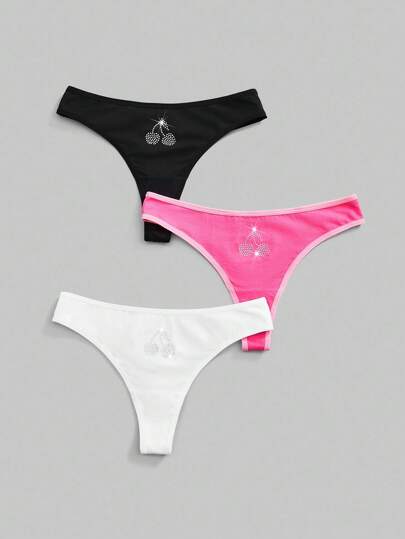 Kawaii 3pcs/Set Sexy Solid Color Cherry Rhinestone Decor Thong Panties, Comfortable