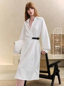 Arave 法式优雅通勤女士V领灯笼袖收腰衬衫裙 - 白色 - 查看 3