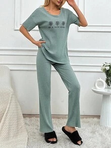 EURMUSE 2pcs/Set Women's Flower Print Detail Gomewear Lounge Set - Mint Green - View 4