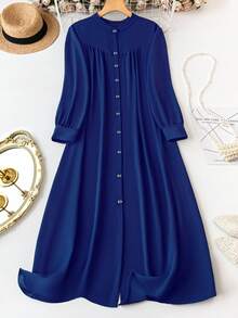 EMERY ROSE Plus Size Solid Color Front Buttoned Long Sleeve Dress, For Christmas Maxi Women Outfit Fall Cloth For Women - Blue - View 1