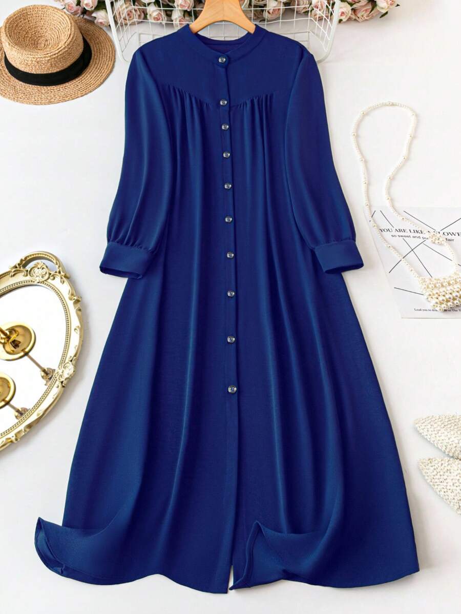 EMERY ROSE Plus Size Solid Color Front Buttoned Long Sleeve Dress, For Christmas Maxi Women Outfit Fall Cloth For Women - Blue - View 1