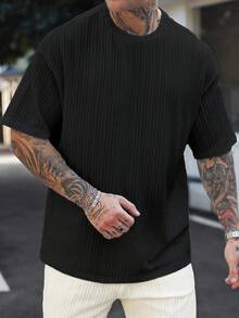 Manfinity Homme Men's Casual Solid Color Knitted Jacquard Fabric Short Sleeve T-Shirt, Summer - Black - View 4