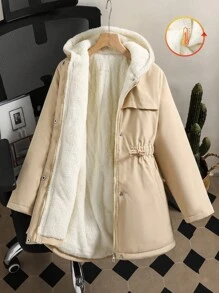 SHEIN Fashionable Mid-Length Hooded Cinched Waist Thermal Lined Padded Coat For Tween Girls Loose Fit, Comfortable For Daily Wear, Commuting, Outings And Photo Shoots Fall Winter - Khaki - View 6