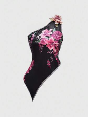 ROMWE Avant Nuovo top da donna stile cinese con stampa floreale in velluto, contrasto di colori, pizzo asimmetrico e decorazione 3D a fiore