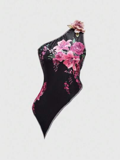 ROMWE Avant Nueva parte superior de mujer con estampado floral de estilo chino en terciopelo, contraste de color, encaje asimétrico en los hombros y decoración de flores 3D