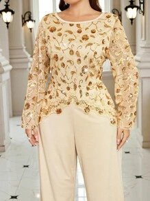 Ellevyn Plus Size Women's Elegant Long Sleeve Sequin Jumpsuit,Beige Autumn Wedding Festival Outfits,Night Out Concert Playsuit For Parties And Events - Apricot - View 3