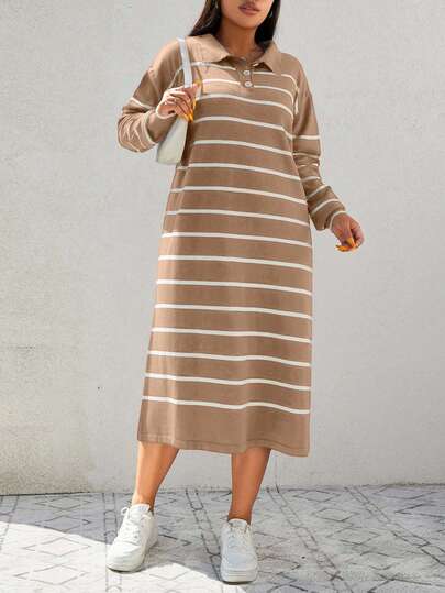 RueChic Plus Size Striped Pattern Polo Neck Sweater Dress