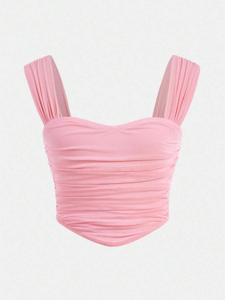 少女可爱夏日甜心领浪漫纯色褶饰宽肩带上衣，返校季，法式优雅 - 珊瑚粉 - 查看 1