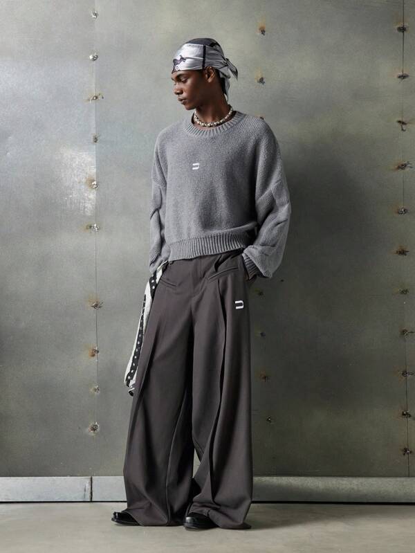 NEON BLANC Men's Letter Embroidery Loose Fit Crew Neck Knit Sweater , Fall Winter