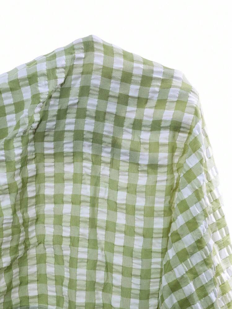 Weeklong 2 piezas Conjunto de mujer talla grande: Camisa de manga corta con lazo delantero a cuadros y pantalón de pierna ancha - Verde - Añade 4