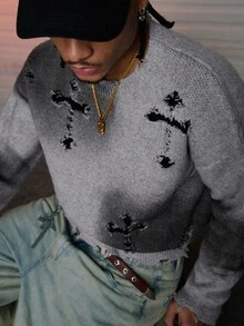 AXEPEAK Men's Ombre Distressed Cross Pattern Knit Sweater , Fall Winter - Grey - View 6