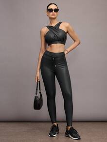 Activina 女士纯色褶皱交叉日常健身运动文胸 - 黑色 - 查看 3