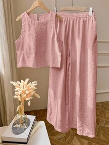 2件套女式无袖纯色背心和裤子 - 粉色 - 查看 3