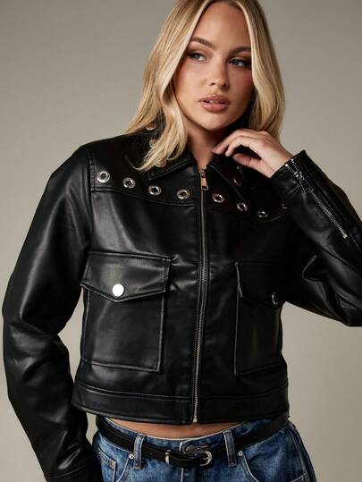 MISSGUIDED Women Black Faux Leather Moto Jacket Crop Length Fashion Zip Up Jacket With Utility Pockets Grommet Collar Detail Fall Winter Streetwear Modern Biker Style Statement Outerwear