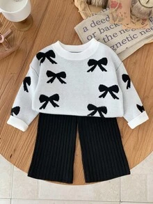 SHEIN Baby Girls Casual Bow Print Sweater & Pants Set,In Fall/Winter