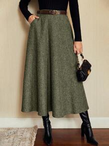 Vintamour 复古优雅女式高腰带口袋半身裙，宽松A字裙，休闲/工作服圣诞裙派对裙新年除夕感恩节假期冬季半身裙 - 軍綠色 - 查看 4