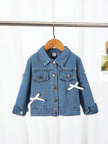 1 件女童休闲学院风水洗蓝色蝴蝶结长袖牛仔夹克 - 藍色 - 查看 7