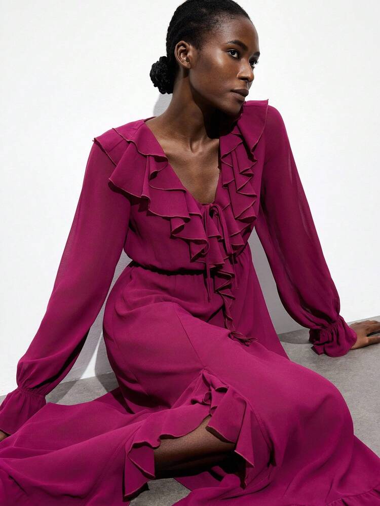 SHEIN Maija Women's Purple Chiffon Ruffled Accent Semi-Sheer Textured V-Neck Long Sleeve Dress With Tie Waist, Asymmetric Hem, And Ruffle Trim, Versatile For Casual, Vacation, Music Festival, Western, Boho Chic Ruffle Dress Ruffle Dresses For Women Long Sleeve Ruffle Dress Magenta Ruffle Dress Modern Vacation Nomadic Casual Fashion All-Match Women's Country Concert Clothing Western Style Women's Clothing Nomadic Style Bohemian High-End Elegance All-Match Country Concert Clothing Burgundy Dress,Fall