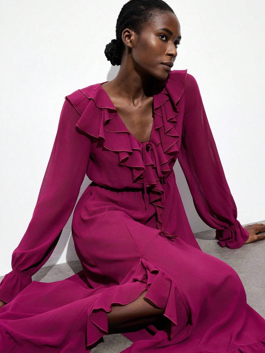 Maija Women's Magenta Chiffon Elegant V-Neck Long Sleeve Ruffle Dress,Autumn Semi-Sheer Textured Tie Waist Asymmetric Hem Boho Dress,Bar Party Casual Outfit - Red Violet - View 1