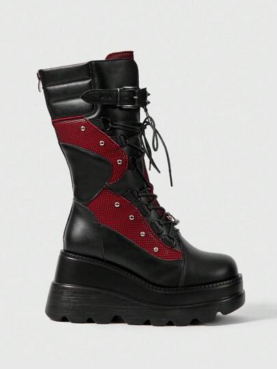 Grunge Punk Red & Black Metal Buckle Platform Mid-Calf Lace-Up Punk Knee-High Boots