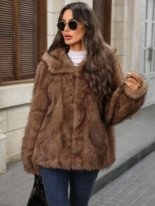 EMERY ROSE Women's Solid Color Long Sleeve Open Front Loose Faux Fur Jacket Winter Coats For Women Winter Clothes For Women Going Out,Fall