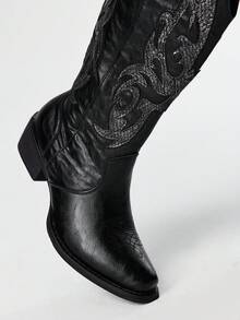 ROMWE Grunge Punk 女式复古西部风格黑色粗跟中筒靴 - 黑色 - 查看 3