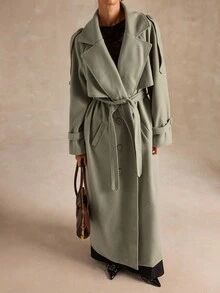 SHEIN BAE 女士简约缺口领长款宽松束带羊毛大衣，适合冬季 - 薄荷綠 - 查看 5