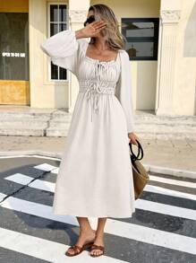 SHEIN Frenchy 女士休闲纯色灯笼袖中长连衣裙 - 杏色 - 查看 9