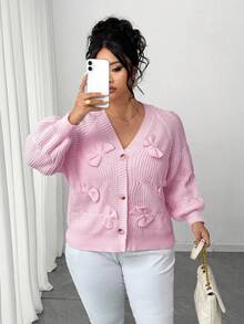 SHEIN CURVE+ 大码时尚休闲 V 领蝴蝶结女式宽松开衫，秋冬季外套上衣，粉色 - 粉色 - 查看 7