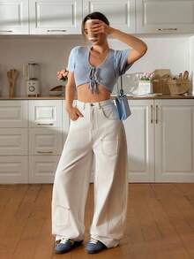 EURMUSE 高腰宽松白色牛仔裤 - 白色 - 查看 3
