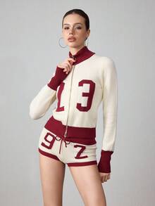 ROMWE Avant 2pcs Women Millennium Babe Retro Numeric Pattern Cardigan And Shorts Knit Set - Apricot - View 5