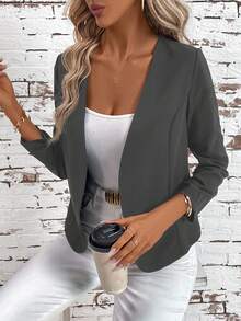 SHEIN Clasi Women's Elegant Ruffle Front Long Sleeve Versatile Black Jacket In Fall/Winter