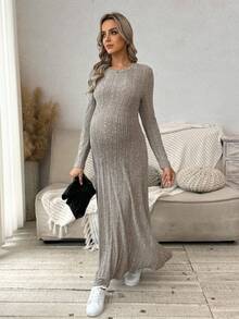 SHEIN 孕妇针织圆领长袖罗纹休闲连衣裙 - 杏色 - 查看 6